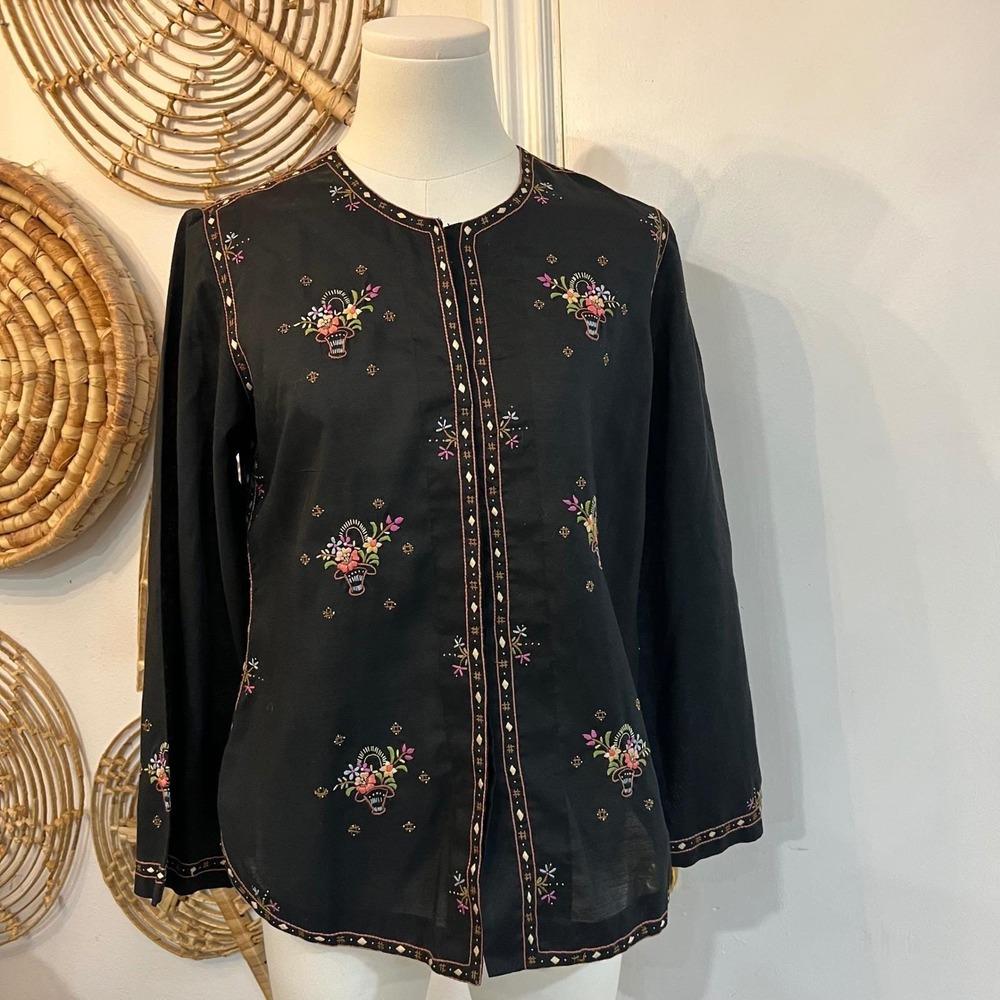 Vintage Lily Black Embroidered Floral Blouse Boho Folk Top M
